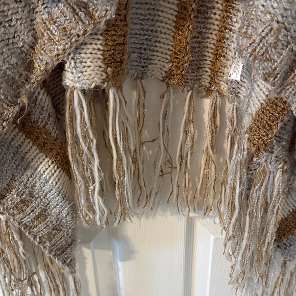 Open Front Knit Fringe Cardigan M/L Boho Neutral Striped - Picture 5 of 7